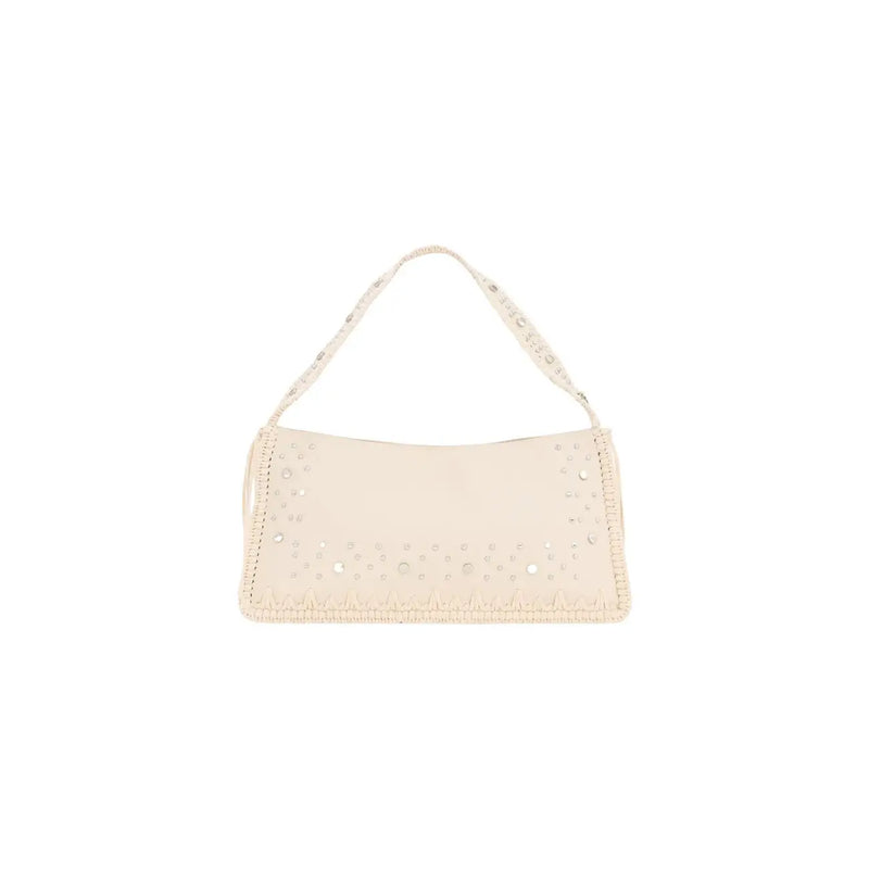 Cream-colored Desigual beige polyester handbag with decorative strap subtle embellishments and zip pocket