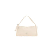 Cream-colored Desigual polyester handbag with textured surface, decorative fringe edges, handle, and zip pocket