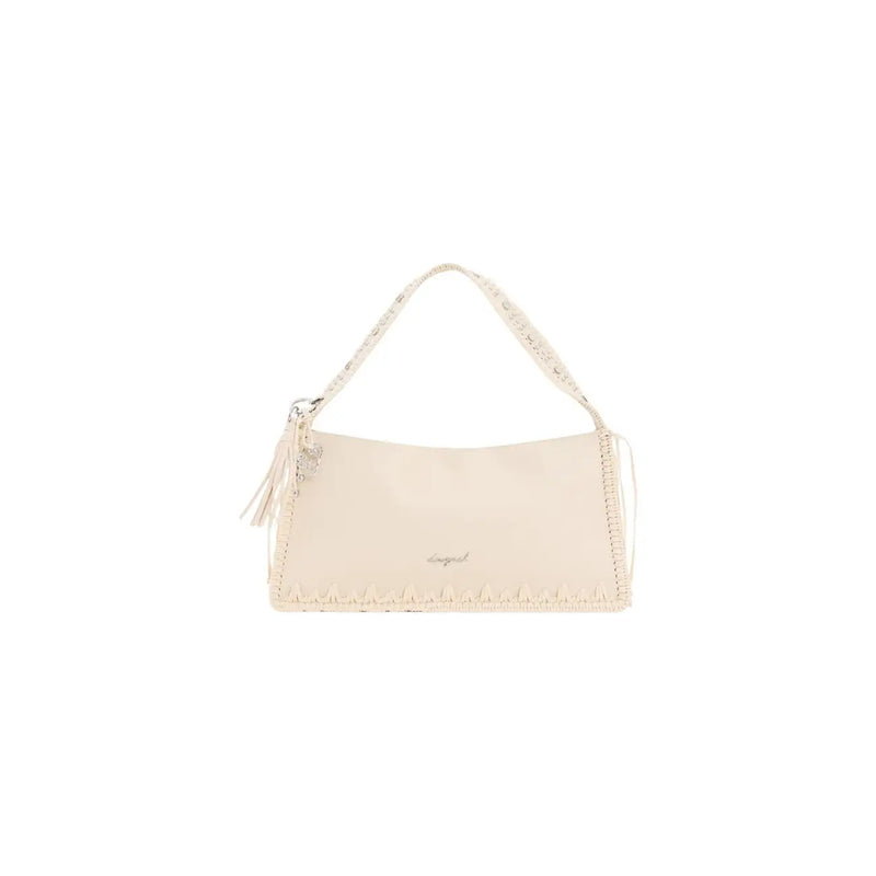 Cream-colored Desigual polyester handbag with textured surface, decorative fringe edges, handle, and zip pocket