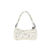 Desigual beige polyurethane handbag with zip featuring a white base, black scribble pattern, and braided strap