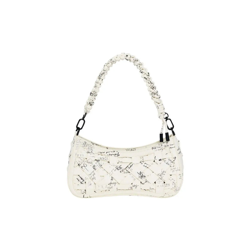 Desigual beige polyurethane handbag with zip featuring a white base, black scribble pattern, and braided strap