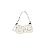 Desigual beige polyurethane handbag with white graffiti signature pattern and braided chain adjustable shoulder strap