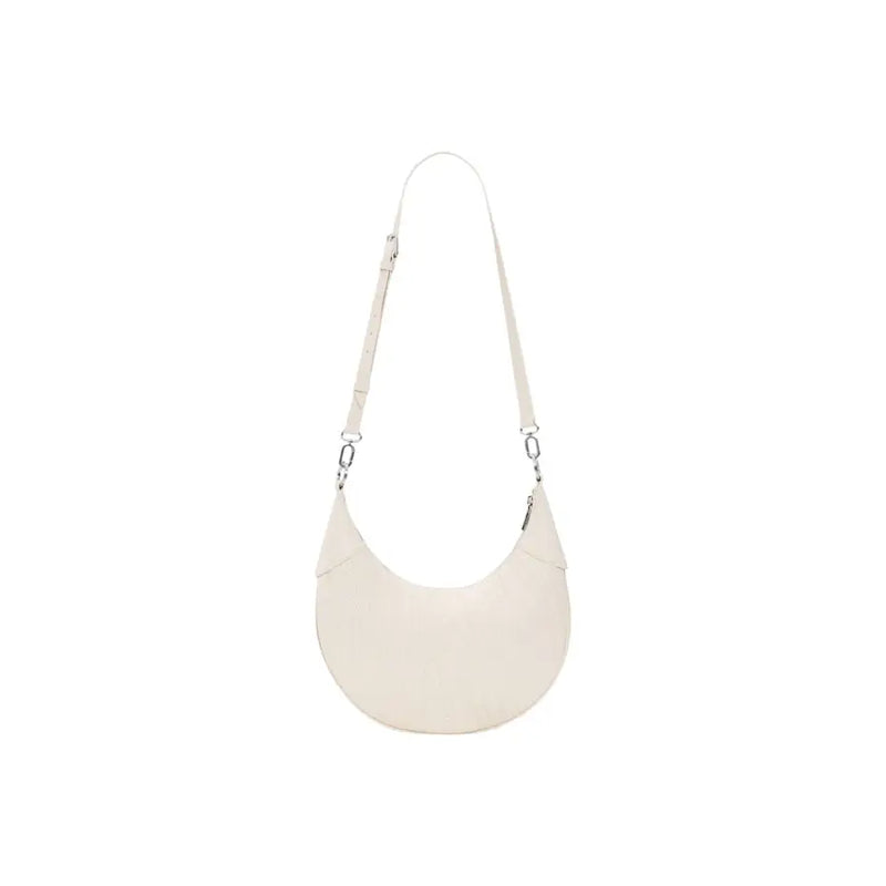 Cream-colored leather crescent-shaped crossbody bag with slender adjustable strap and silver hardware by desigual
