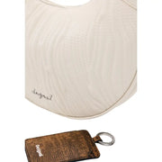 Cream-colored quilted leather hobo bag with subtle stitching and brown textured keychain by Desigual beige polyurethane