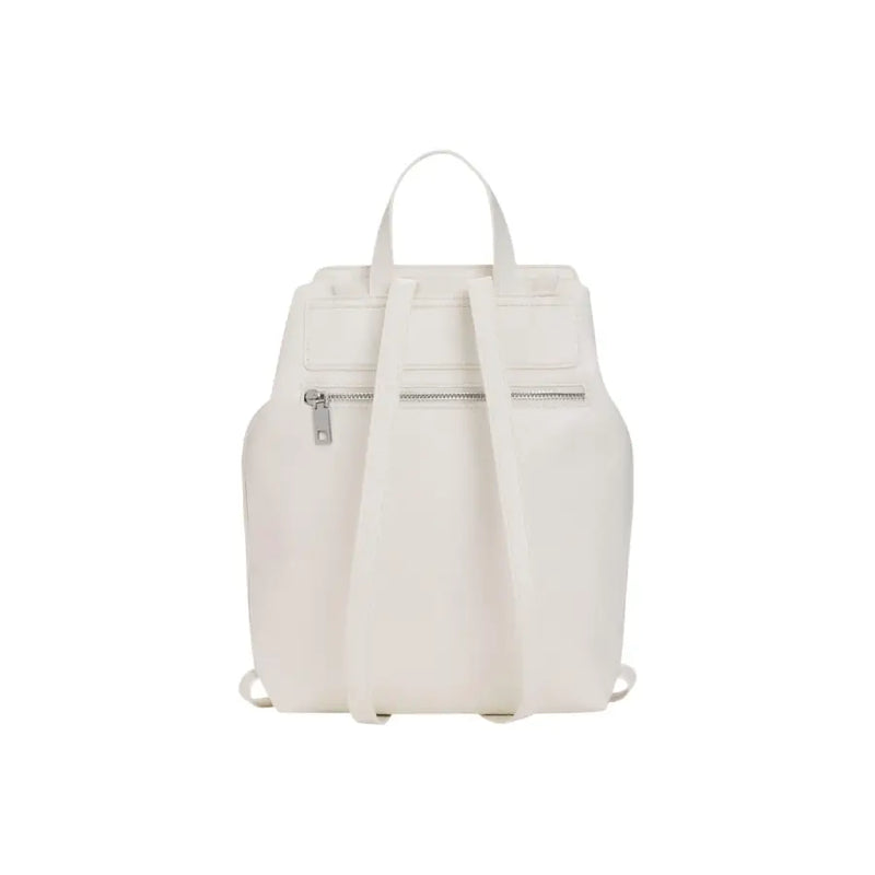 A sleek white Desigual rucksack with silver zippers, adjustable straps, and minimalist design suitable for daily use