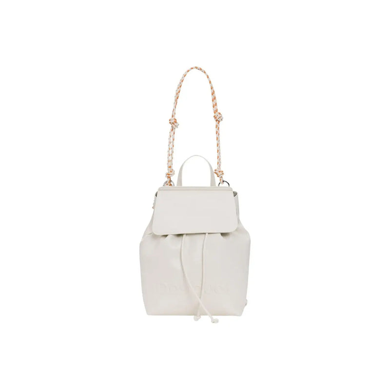Desigual beige leather rucksack with braided shoulder strap and drawstring closure featuring multiple pockets