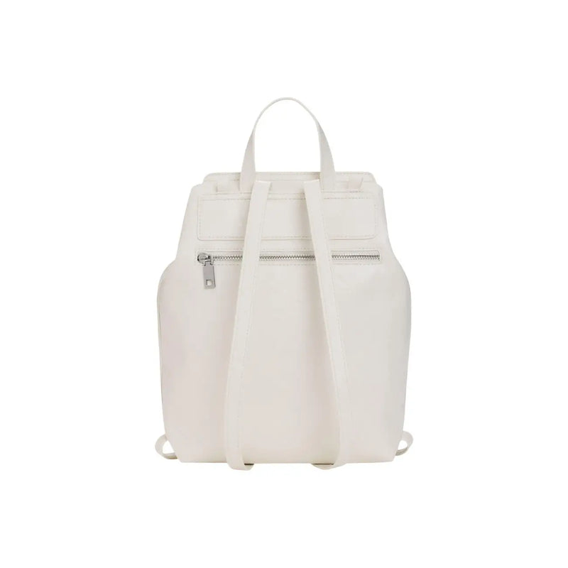A sleek white Desigual rucksack with silver zippers, adjustable straps, and minimalist design suitable for daily use