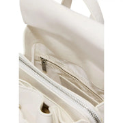 White leather tote bag with minimalist design and silver zippers featured as Desigual beige rucksack with pockets