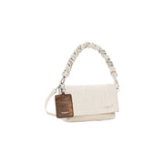 Desigual beige women handbag with cream textured body, braided rope handle, brown leather tag, and shoulder strap
