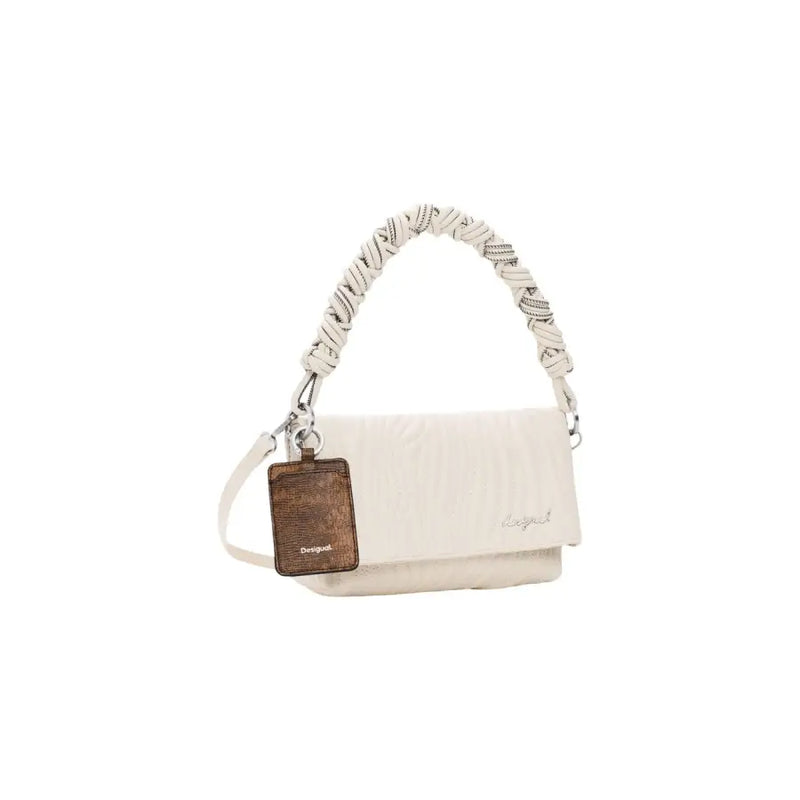 Desigual beige women handbag with cream textured body, braided rope handle, brown leather tag, and shoulder strap