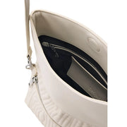 Desigual beige women handbag cream-colored quilted leather with sleek silver zipper and shoulder strap interior branding
