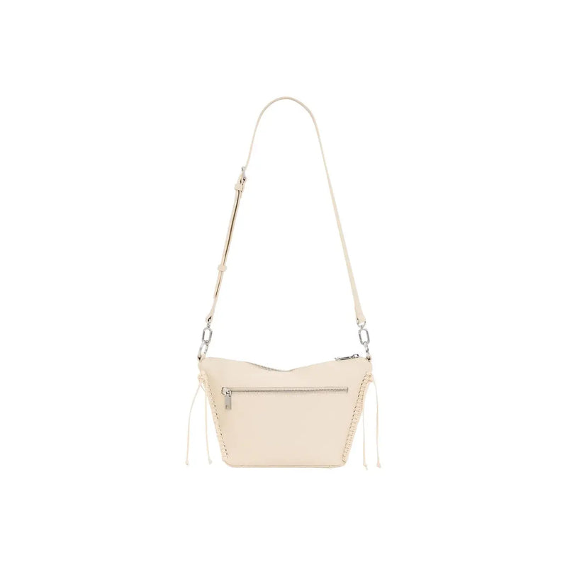 Desigual beige women’s handbag cream-colored leather crossbody bag with minimalist design and decorative tassels on sides