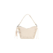 Desigual beige leather hobo bag with silver studs tassel details and shoulder strap for women