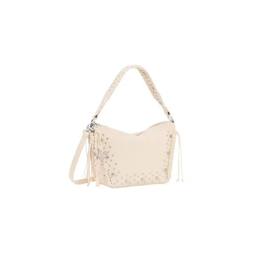 Desigual beige cream-colored leather hobo bag with braided handles silver-toned studs and shoulder strap for women