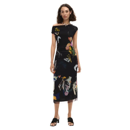 Black off-the-shoulder midi dress with colorful abstract floral and graphic print made of polyester elastane by Desigual