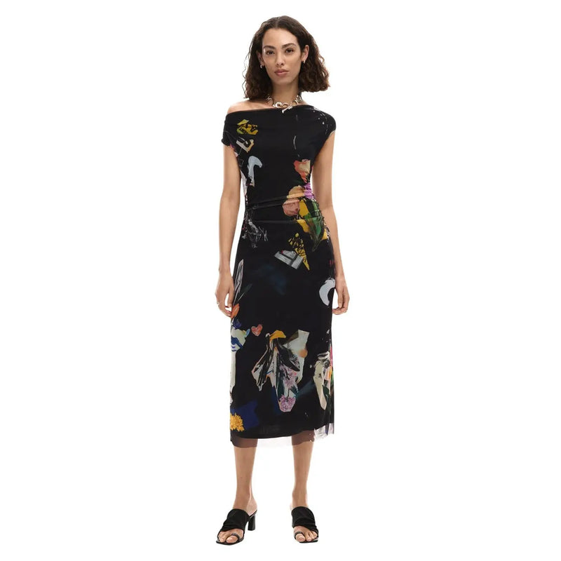 Black off-the-shoulder midi dress with colorful abstract floral and graphic print made of polyester elastane by Desigual