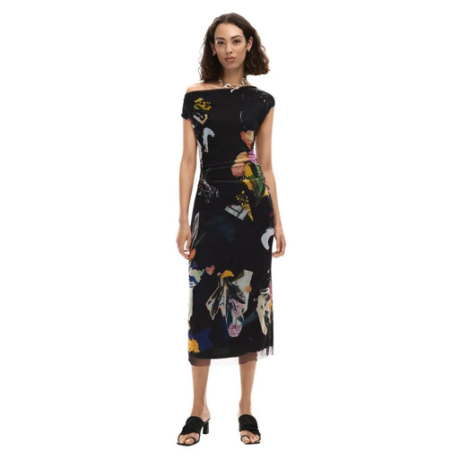 Black off-the-shoulder midi dress with colorful abstract floral and graphic print made of polyester elastane by Desigual