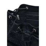 Desigual black leather bucket bag with embossed floral pattern and silver metal hardware convertible handbag backpack