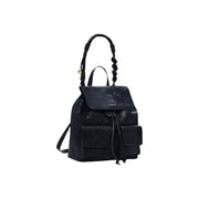 Desigual black convertible leather handbag backpack with embossed floral pattern and braided top handle