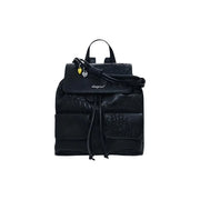 Desigual black leather convertible handbag backpack with embossed floral pattern front pockets drawstring closure and heart charms