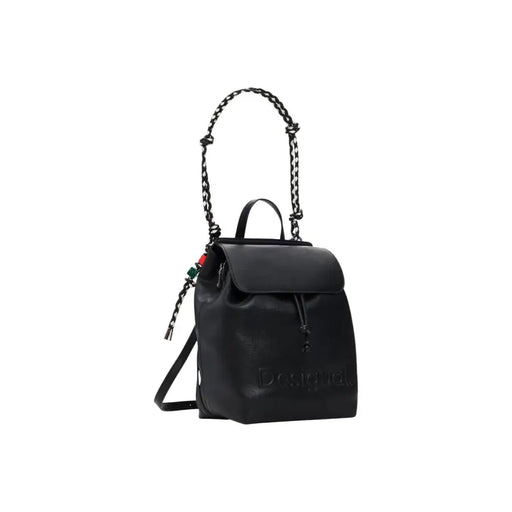 Desigual black leather convertible handbag rucksack with chain strap embossed logo and multiple pockets visible