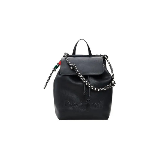 Desigual black leather convertible handbag rucksack with chain strap and red green bead accents and pockets