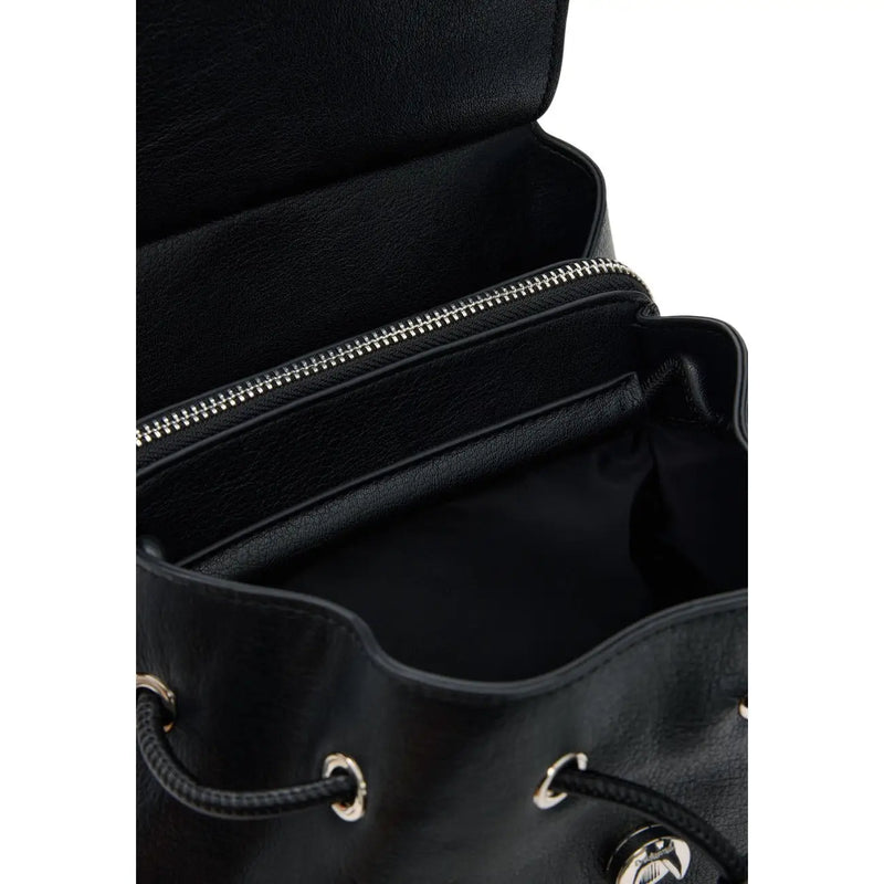 Desigual black leather convertible handbag rucksack with drawstring, silver metal hardware, and zipper lining pockets