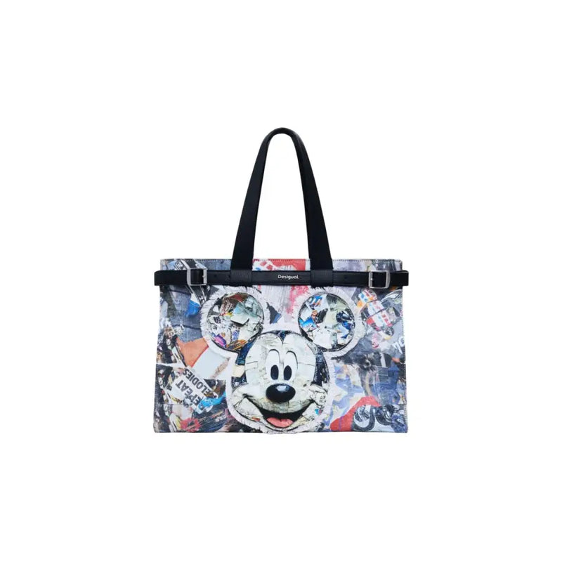 Mickey Mouse patterned tote bag with black handles from Desigual Black Cotton Shoulder Bag collection
