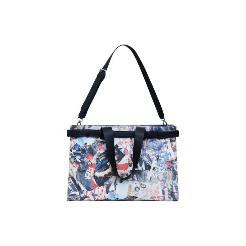 Black cotton tote bag with colorful abstract print, top handles, shoulder strap, and interior pockets