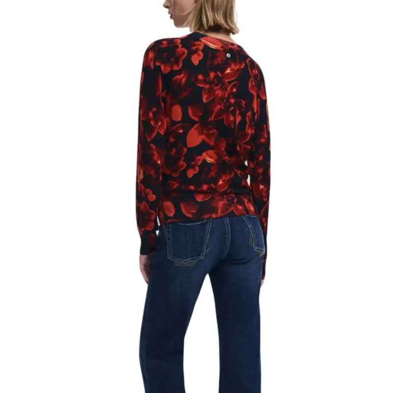 Desigual black floral long sleeve round neck knitwear with bold red pattern