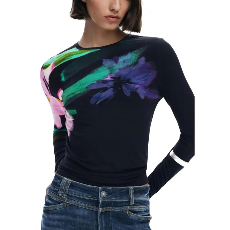 Women’s black floral long-sleeve knitwear with stripe cuffs from Desigual for women