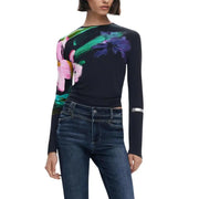 Black floral long-sleeved knitwear with round neck paired with dark wash jeans for women