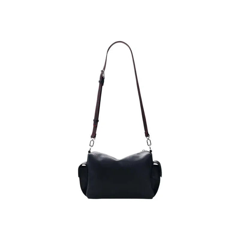 Desigual black floral zip bag in textured leather with contrasting dark brown adjustable crossbody strap and pockets