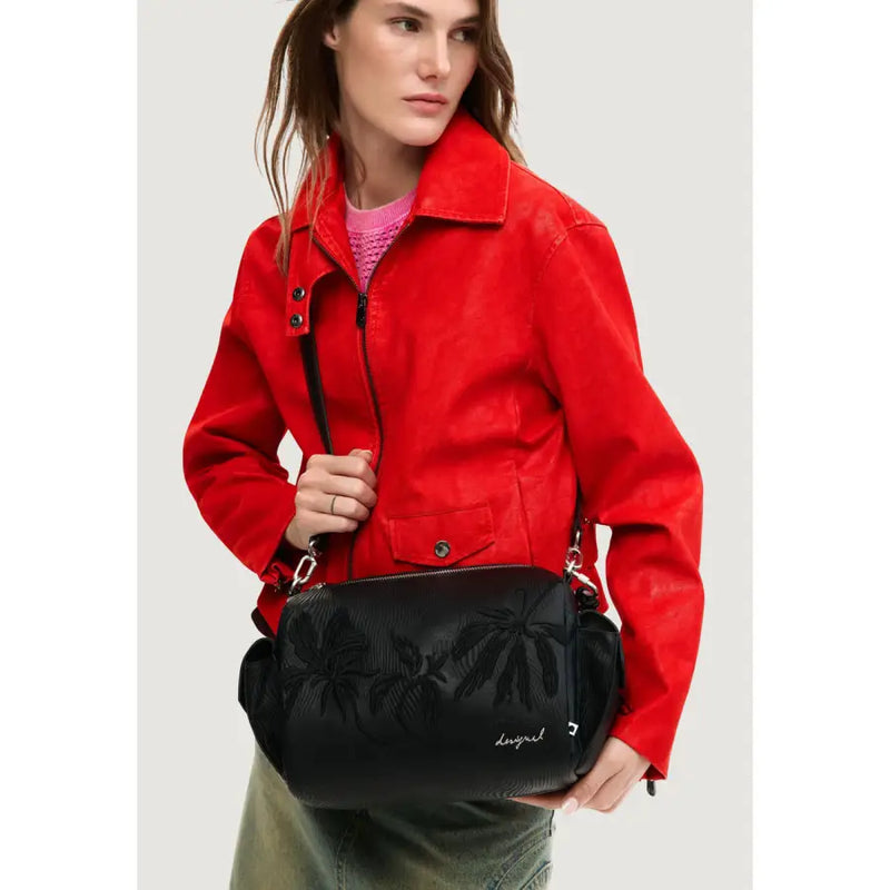 Desigual black crossbody bag with embossed palm leaf design and silver-tone hardware featuring multiple pockets