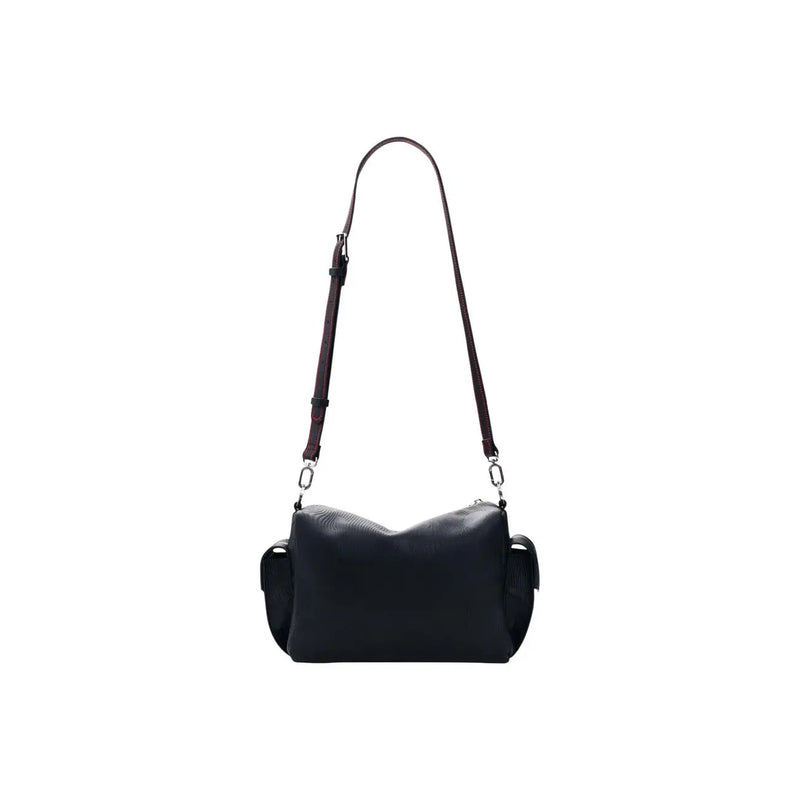 Desigual black floral zip bag in textured leather with contrasting dark brown adjustable crossbody strap and pockets