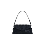 Desigual black woven leather handbag with shoulder strap featuring a structured textured pattern and inside pocket