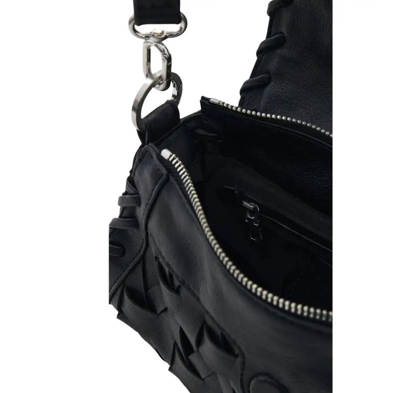 Desigual black leather crossbody handbag with textured stitched design silver-toned zipper accents and shoulder strap