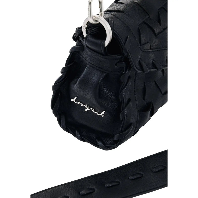 Desigual black woven leather crossbody handbag with silver-tone hardware shoulder strap and subtle embroidered logo