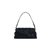 Desigual black woven leather handbag with shoulder strap featuring a structured textured pattern and inside pocket