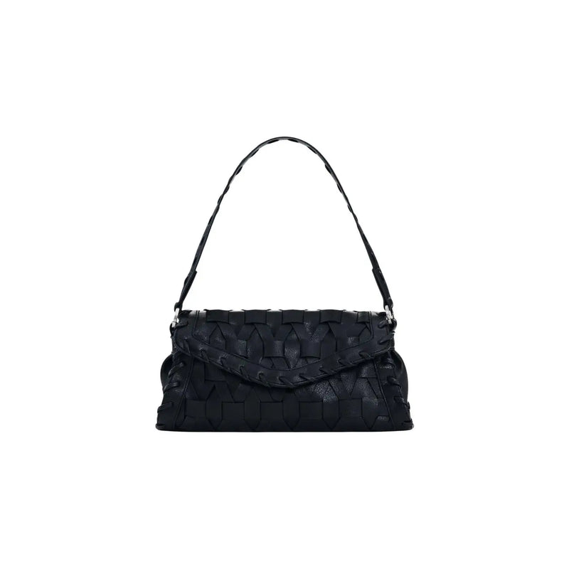 Desigual black woven leather handbag with shoulder strap featuring a structured textured pattern and inside pocket