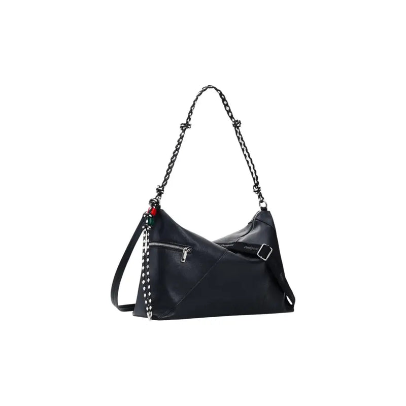 Desigual black leather hobo bag with chain strap and decorative beaded tassel for shoulder use with pockets