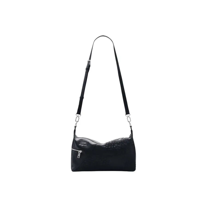 Desigual black leather crossbody handbag with embossed floral design silver-toned hardware and shoulder strap pockets