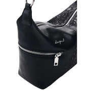 Desigual black leather handbag with shoulder strap silver zippers and subtle embossed floral pattern on the side