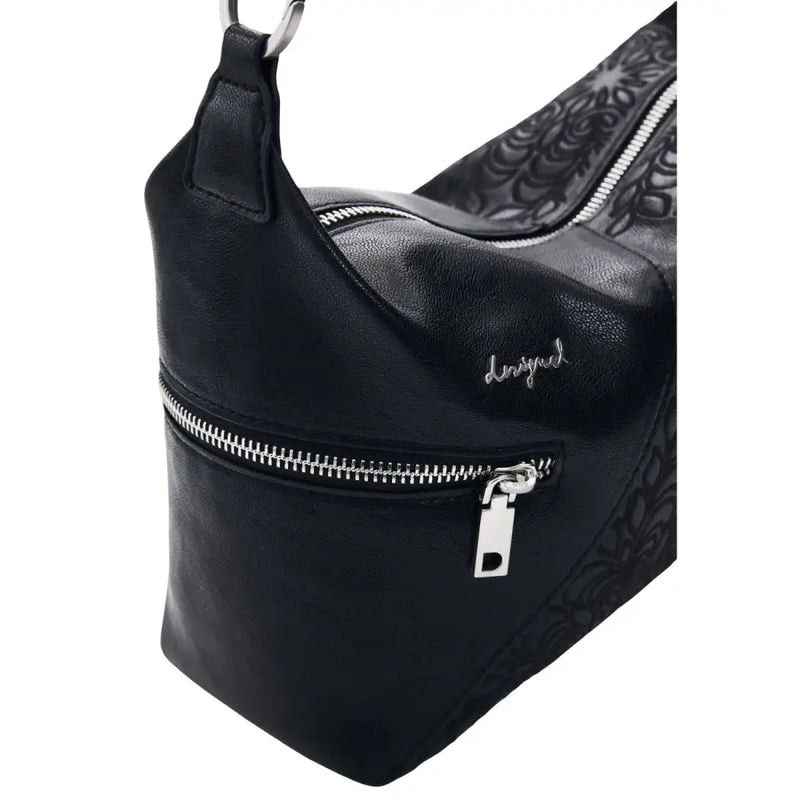 Desigual black leather handbag with shoulder strap silver zippers and subtle embossed floral pattern on the side