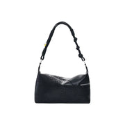 Black leather shoulder bag by Desigual with embossed floral pattern braided strap and multiple pockets
