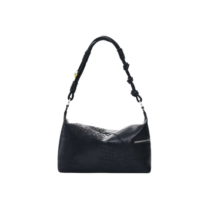 Black leather shoulder bag by Desigual with embossed floral pattern braided strap and multiple pockets