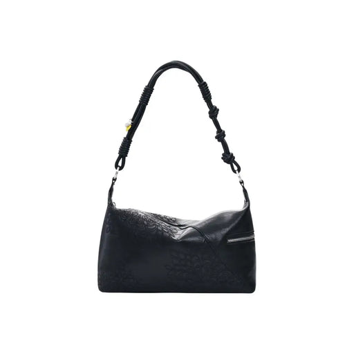 Desigual black leather shoulder bag with embossed floral pattern and braided strap