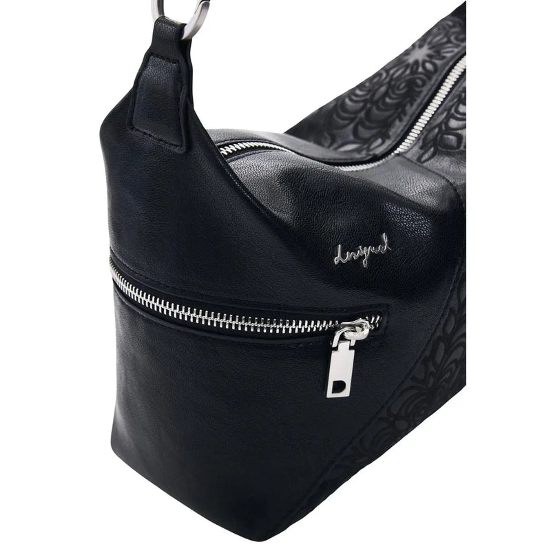 Desigual black leather handbag with shoulder strap silver zippers and subtle embossed floral pattern on the side