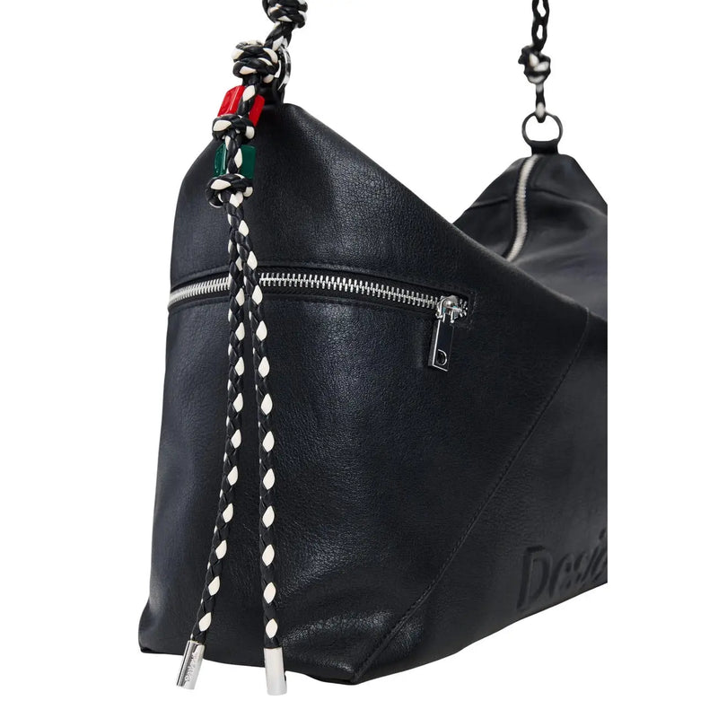 Desigual black leather hobo bag with braided black and white strap silver zipper and red green accent beads