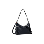 Desigual black leather hobo bag with chain strap and decorative beaded tassel for shoulder use with pockets